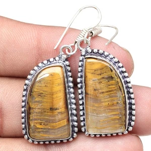 Tiger's Eye Gemstone Handmade Silver Jewelry Earrings 1.5'' - Picture 1 of 5