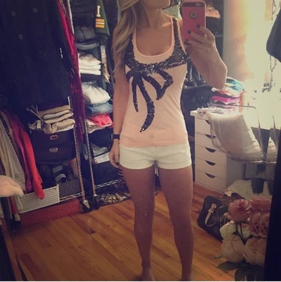 Y2K VTG Forever 21 Pink Racerback Tank Top Black Sequin Bow Coquette Girl Sz S - Image 1 of 4