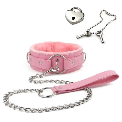 Pu leather choker collar with leash and Lock adjustable size for women pink - Image 1 of 4