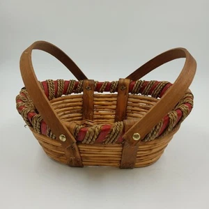 Holz Ratan Picknick Obstkorb drehbarer Griff geflochten ohne Deckel rot geflochtener Rand 11x8,5" - Bild 1 von 10