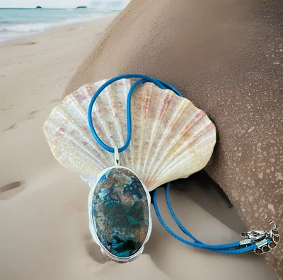 Collar Colgante Moderno de Piedras Preciosas Crisocola - Chapado en Plata de Ley 925 - Nuevo Foto 1 de 4