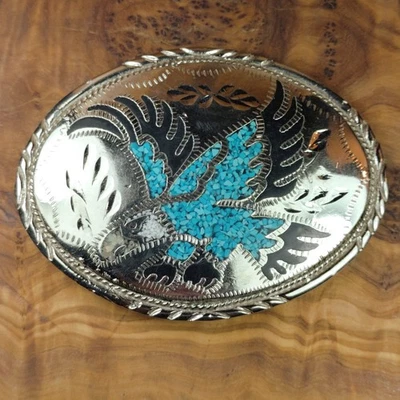 Cinturón vaquero Western ovalado grabado águila halcón turquesa incrustación Buck Foto 1 de 4