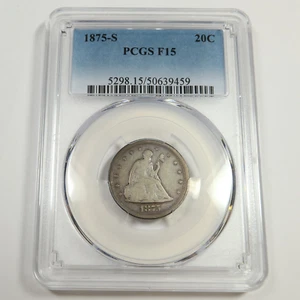 1875 S PCGS F15 - Silver Seated Twenty Cent Piece 20C US Coin #52071A - Picture 1 of 2