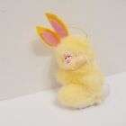 Vtg Mini Fuzzy Yellow Bunny Rabbit Hard Face Tooth Clip Hug On Easter Ornament