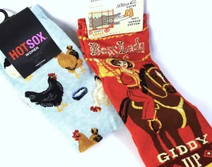 HOTSOX and Blue Q Socks Set of 2 PAIR NOVELTY DESIGN Chicken Cowgirl CREW SOCKS - Picture 1 of 4
