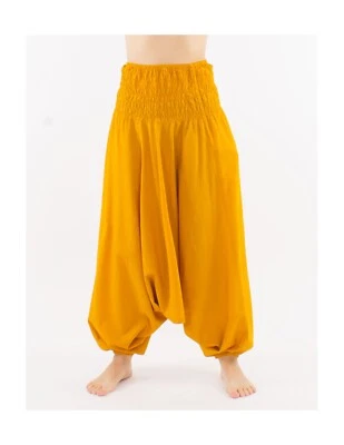 Haremshose mit Smok-Bund, Gelb, Weite Beine, Yogahose, Entspannter Schnitt - Bild 1 von 3