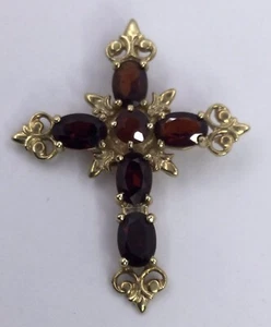 AUSGEFALLENER KREUZ ANHÄNGER - 14K GELBGOLD MIT 6 GRANATEN (J1455) - Bild 1 von 8