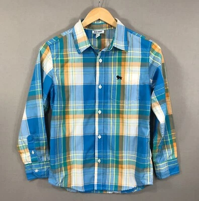 Old Navy Shirt Boy's Large Blue Orange Plaid Logo Button-Down Long Sleeve Pocket - Image 1 of 4