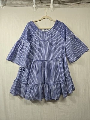 NWT Free People Lola Striped Embroidered Mini Dress S Cotton Boho Chambray Blue - Image 1 of 4