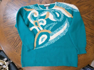 Suéter De Colección Dana Scott Cuentas Doradas Roscado Metálico Verde Blanco Cuello Redondo Wm M Foto 1 de 4