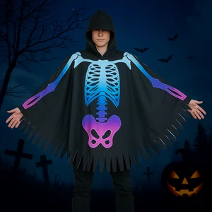 Hooded Skeleton Cape Cloth Skull Bones Cloak Casual Halloween Props Party - Picture 1 of 15