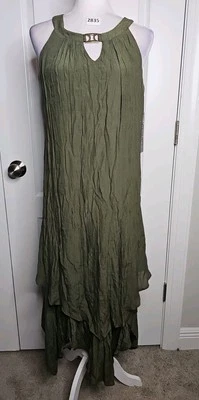 NUEVO CON ETIQUETAS LUXULOGY Maxi Vestido Gasa Sin Mangas Pañuelo Dobladillo Talla 6 Verde Oliva  Foto 1 de 4