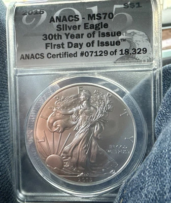 American Eagle 2015 plata $1 ANACS-MS70 30º año de emisión primer día de emisión. Foto 1 de 4