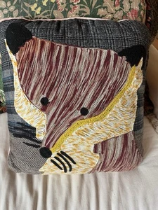Karma Living Cotton Crewel Embroidered Woven Tweed Fox Pillow Cover 16” Square - Picture 1 of 9