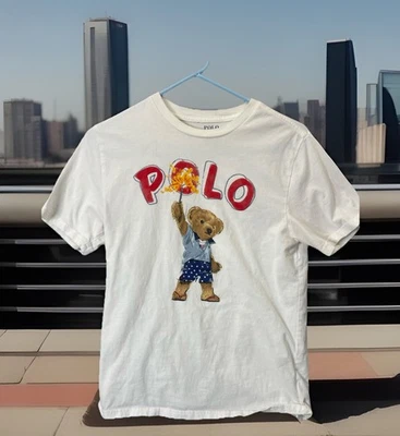 🔥 Polo Ralph Lauren Bear Graphic White Short Sleeve Shirt Youth Boys Sz L 14/16 - Image 1 of 4