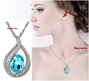 Aquamarine Blue Made with Swarovski Crystal Teardrop Wedding Necklace N71 - Picture 1 of 6