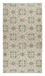 4x6.8 Ft Handknotted Vintage Rug with Beige Background and Green Floral Pattern - Picture 1 of 5