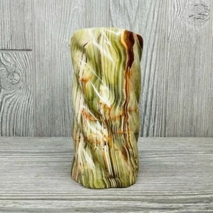Hand Carved Cylinder Onyx Stone Candle Holder swirl design green / brown - Picture 1 of 10