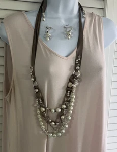 Chicos Faux Pearl Necklace /Earring Set, On Silk Cord W/Multi Layers Of Beads. - Picture 1 of 5