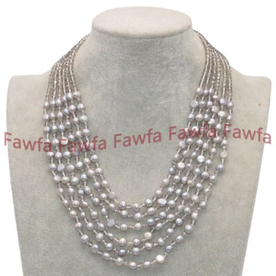 6 рядов 3 x 4 мм прозрачный серый кристалл 7-8 мм серебро барокко жемчуг ожерелье 18-23''  - Изображение 1 из 4