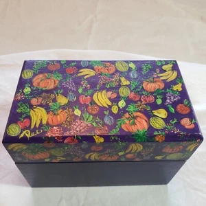 Vintage Wood Recipe Box Hand Painted Purple with Colorful Fruits - Picture 1 of 14
