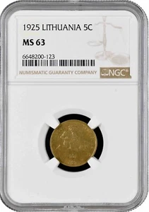 Lithuania 5 Cent 1925, NGC MS63, "First Republic (1925 - 1938)" - Picture 1 of 2