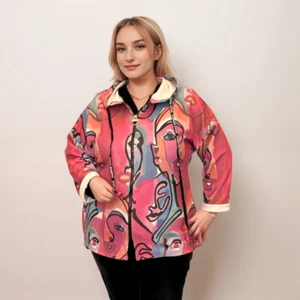 WOMENSJACKET LADIES ZIP UP HOODIE ABSTRACT JACKET WITH HOOD - Picture 1 of 4