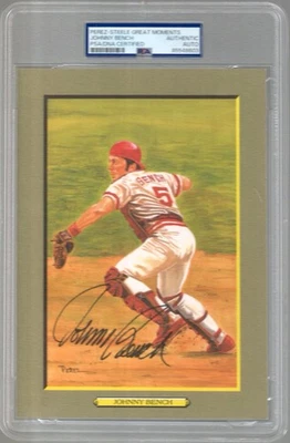 JOHNNY BENCH AUTOGRAPHED PEREZ STEELE GREATEST MOMENTS CARD         JSA+PSA SLAB - Image 1 of 2