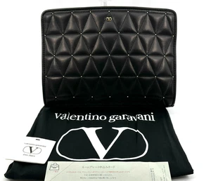 Valentino Garavani Black Quilted Leather Clutch Bag Studs Unisex Unused Japan - Picture 1 of 13