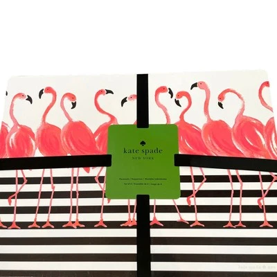 KATE SPADE Pink Flamingo Black Striped Easy Care Vinyl Placemats Set of 4 NEW - Image 1 of 4