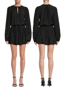 Ramy Brook Rosey Blouson Smocked Mini Dress Black Long Sleeve Tie Neck Size S - Picture 1 of 22