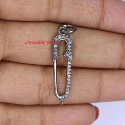Natural Diamond charm pendant 925 Silver Handmade Safty pin shape Pendant - Image 1 of 4