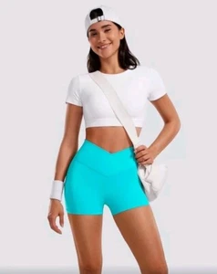 CRZ YOGA Youth XL Butterluxe Crossover Biker Shorts 3'' Criss Cross Teal Med - Picture 1 of 4