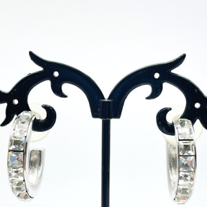 GIVENCHY Chunky Rhinestone Hoop Earrings Silver Tone Glam Bling Sparkle Holiday