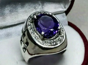 9 Carat Oval Cut Dark Purple Amethyst Men Ring Sterling Silver 925 Handmade Ring - Picture 1 of 12