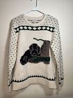 L.L. Bean Vtg 80s 100% Wool Knit Boot Black Puppy Sweater White Green Retro Med