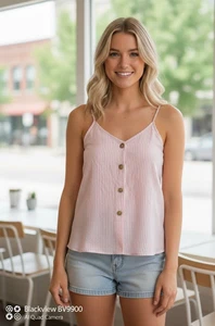 BP. Camisole top with spaghetti straps and a V-neckline Pink Striped Buttons S - Picture 1 of 6