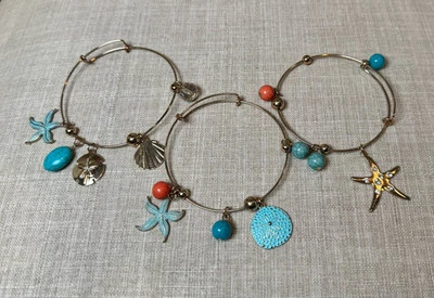 3 Beach Sea Life Charm Bangle Bracelet Set Gold Tone Aqua Coral Color - Image 1 of 4