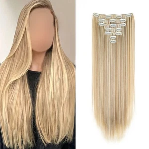 7 Piece Set Hair Extensions 60cm Long Human Hair Attachment Straight Wavy - Picture 1 of 39