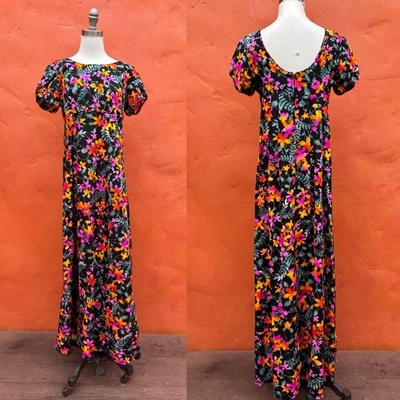 Vintage 1960s 1970s MCM  Hawaiian Tiki Maxi Dress Back Train Black Floral - Image 1 of 4