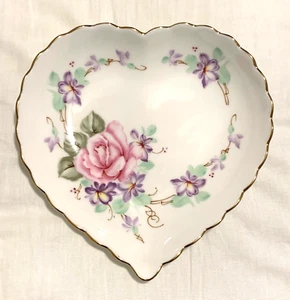 Lefton China Pink Rose Heart Shaped Trinket/Candy Dish Hand Painted Scalloped Ed - Picture 1 of 3