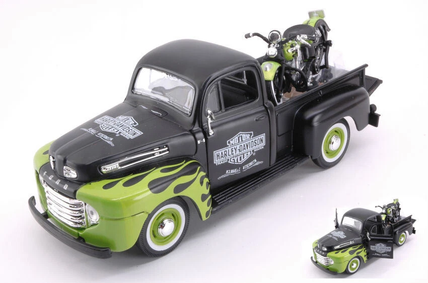Maisto FORD F1 PICK UP 1948 W/HARLEY DAVIDSON FL PANHEAD BLACK/GREEN 1:24 - Immagine 1 di 1