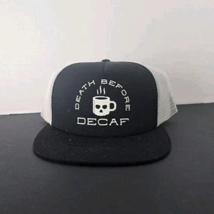 Coffee Lovers Trucker Hat "Death Before Decaf" Snapback Cap White Mesh - Picture 1 of 5