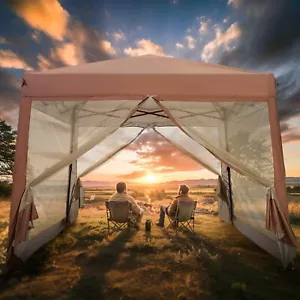 Pop Up Canopy 10' x 10' Gazebo Ez up Screen Tent with Netting for Outdoor Brown - Picture 1 of 10