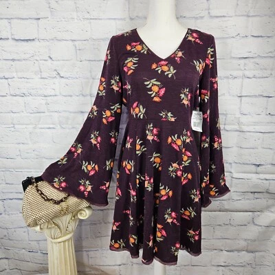 NWT American Rag Size XL Maroon Floral V-Neck Long Bell Sleeve Knit Dress Boho - Image 1 of 4