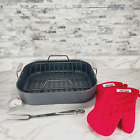 All-clad HA1 Hard Anodized Nonstick 16"x13"  Roaster w/ thermometer; fork; mitts