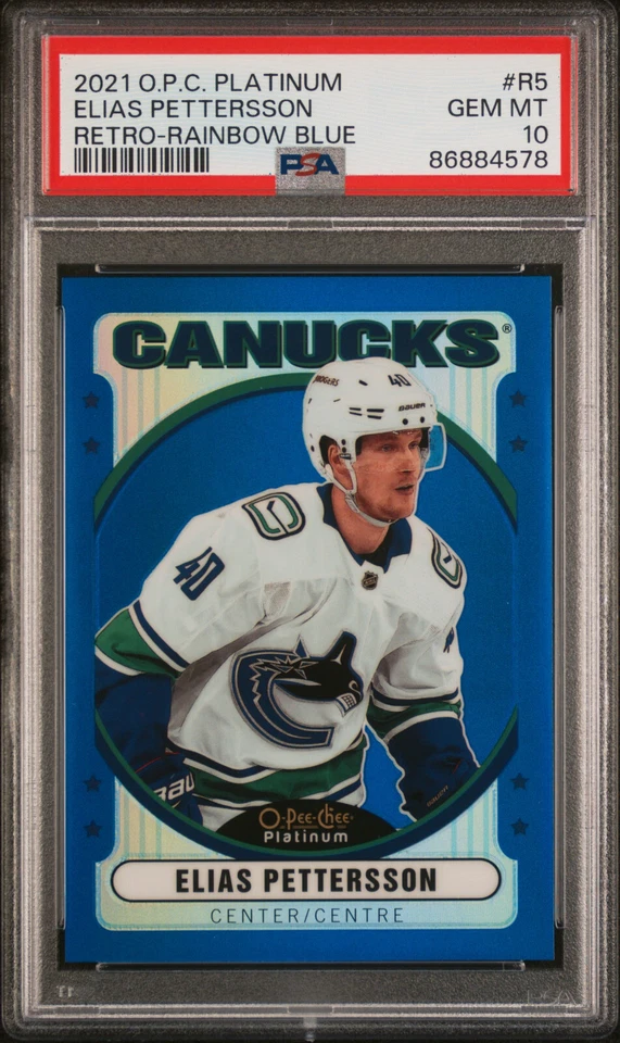 2021-22 OPC Platinum Elias Pettersson Blue Rainbow /199 PSA 10 Canucks  - Image 1 of 2