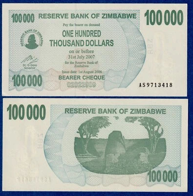 2006 ZIMBABWE 100000 100,000 Dollars P-48b aUNC  Bearer Cheque - Image 1 of 3