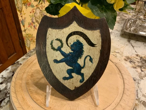 Antique English Small Oak Wood Hand Carved & Painted Shield Plaque C1890 Cover