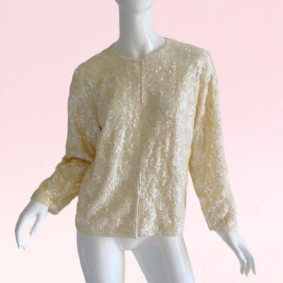 1950s 60s Vtg Sequin Gold Ivory Wool Party Holiday Cardigan Sweater Large - Image 1 of 4
